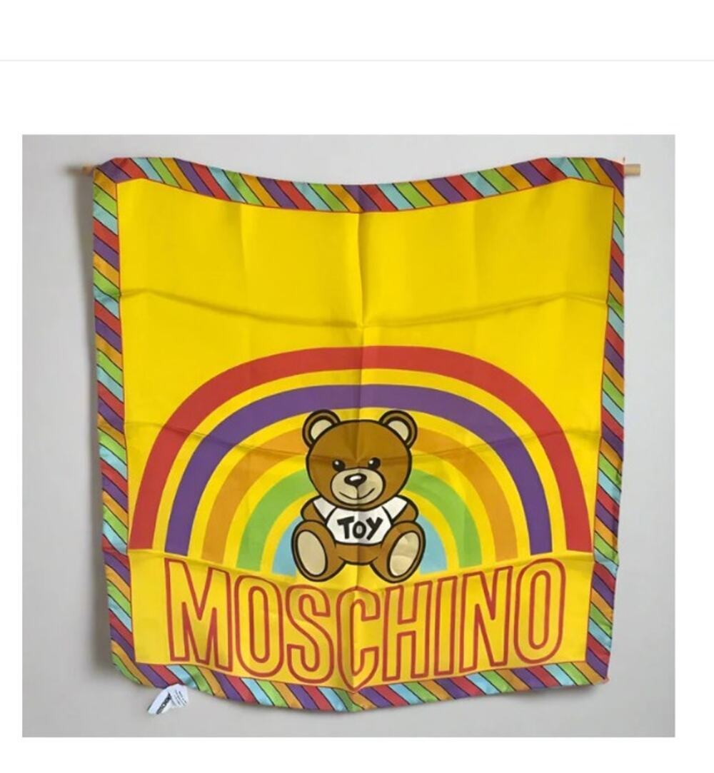 Moschino Rainbow Pride Teddy Bear Silk Square Scarf Yellow Made In Italy